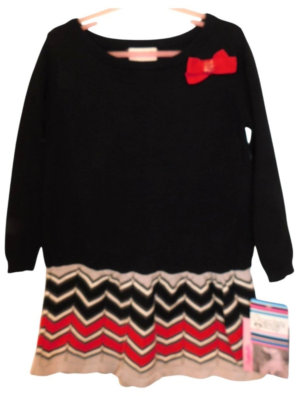 NWT Flapdoodles Girls 3T Black Red Chevron Sweater Dress Bow Long Sleeve
